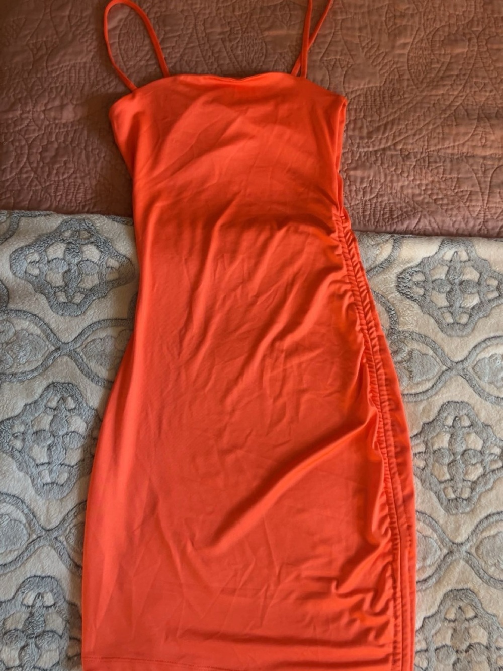 Divided Orange Spaghetti Strap Ruched Midi Dress